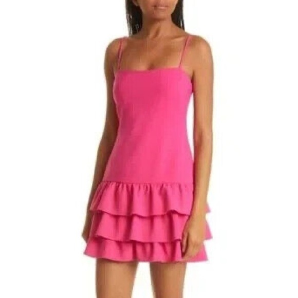 LIKELY Amica Tiered Ruffle Hem Mini cocktail dress Barbie Pink Sugar square neck - Picture 7 of 8